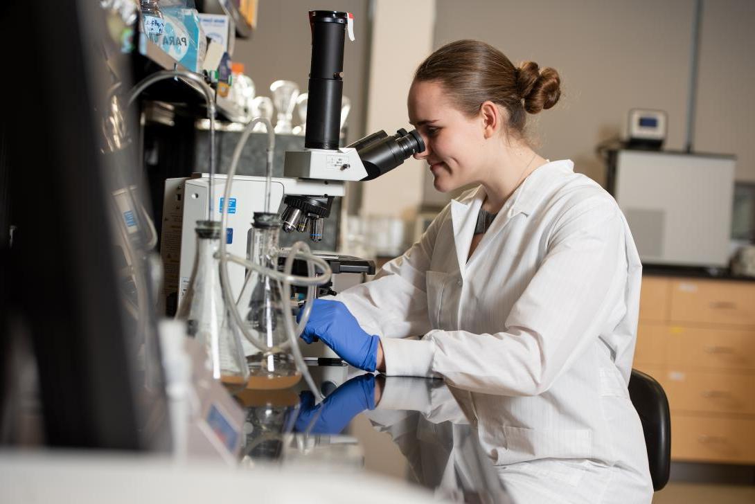 Student using microscope in biology lab