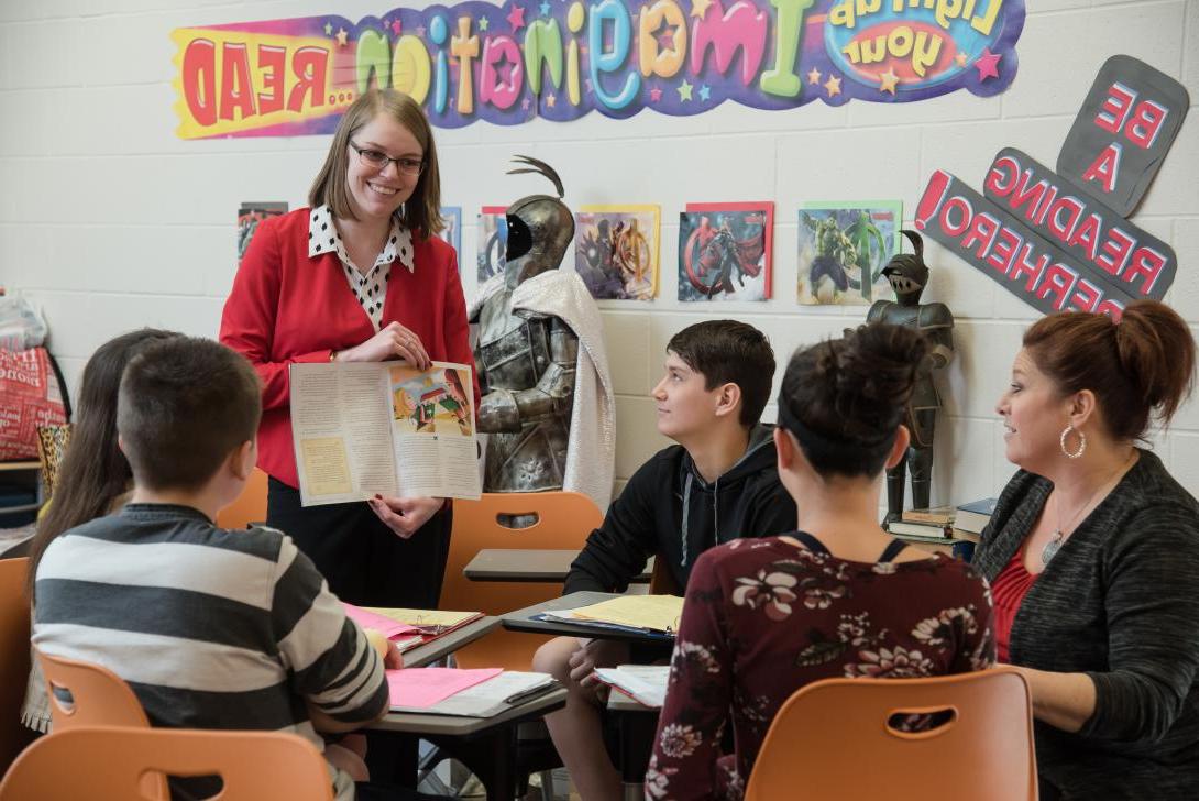 Student teacher in classroom with students